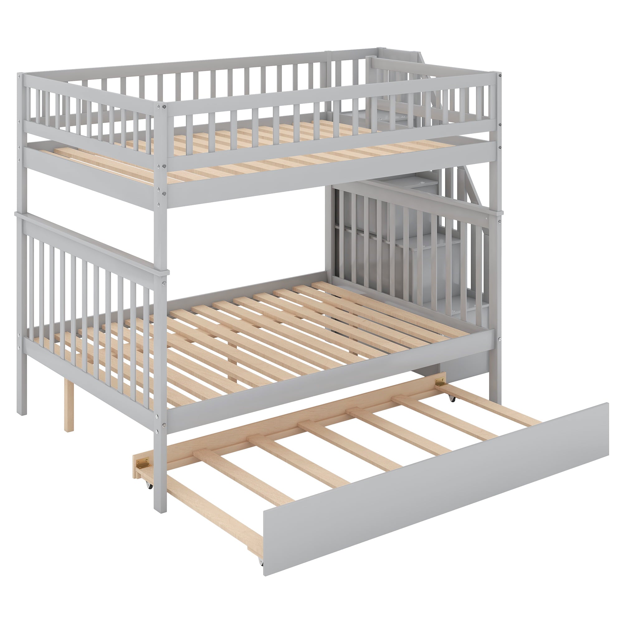 Euroco Full over Full Bunk Bed with Trundle and Storage Shelves for Kids, Gray