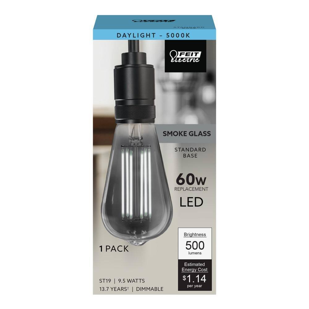 Feit Electric 60-Watt Equivalent ST19 Dimmable Straight Filament Smoke Glass Vintage Edison LED Light Bulb Daylight ST1960SMKLEDHDRP