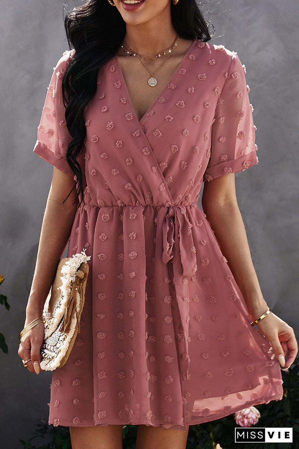 Solid V Neck Short Sleeve Dress Wholesale