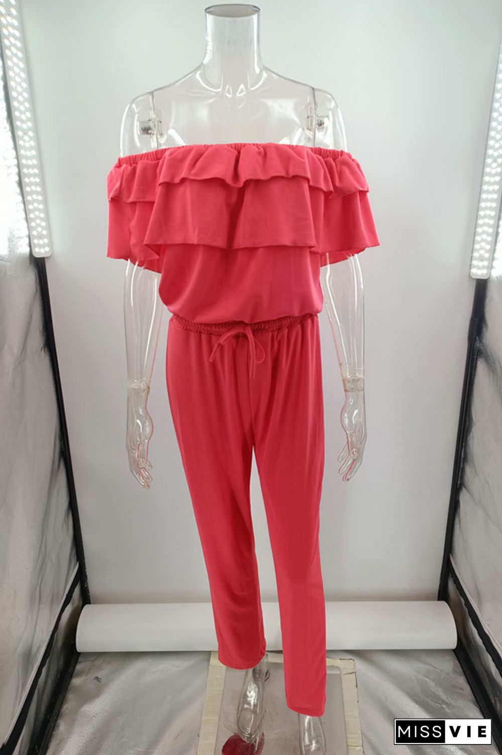 Plain Off Shoulder Ruffle Drawstring Jumpsuits