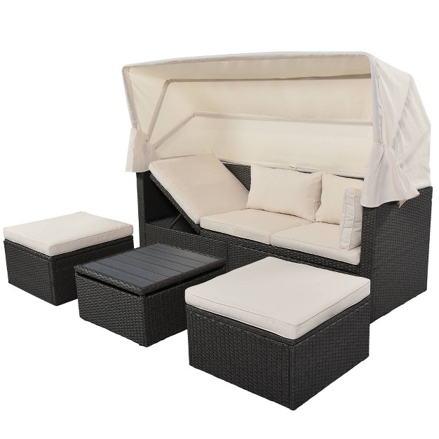 4pc Outdoor Wicker Rectangle Daybed With Canopy amp Cushions Beige Godeer