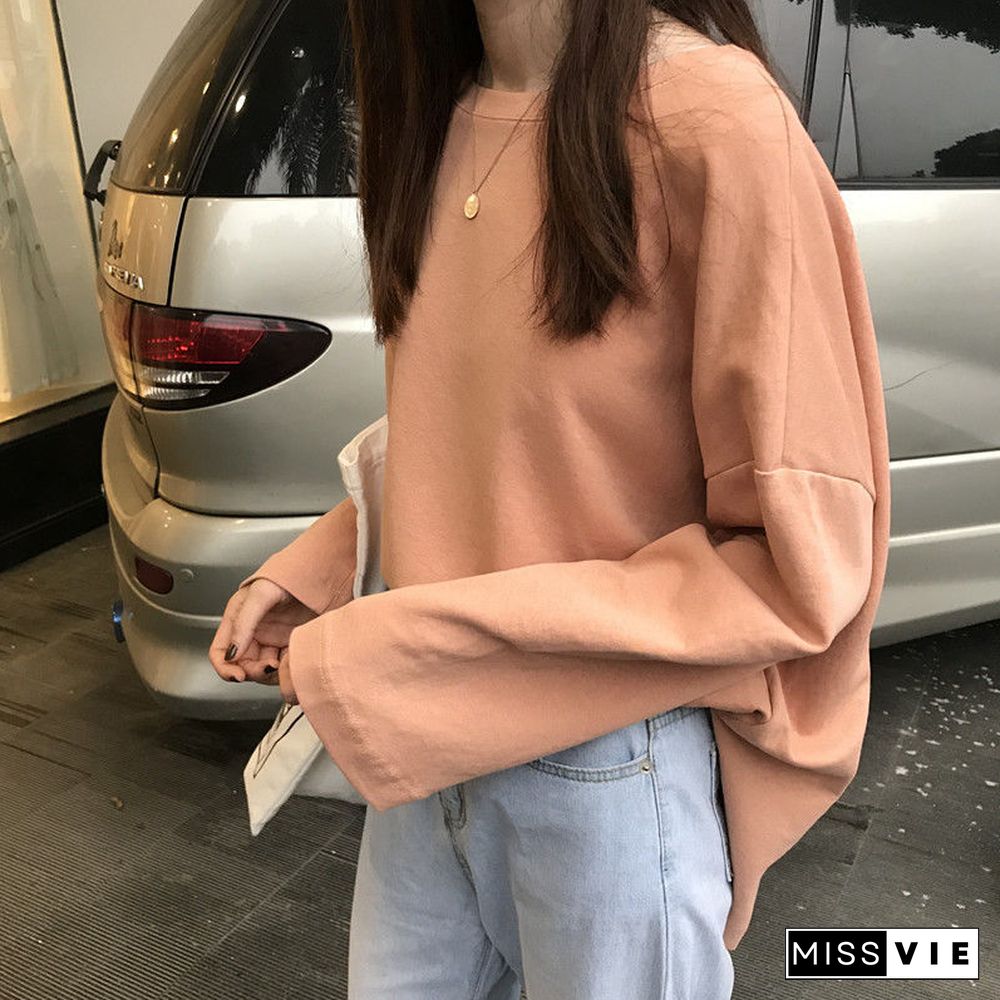 T-Shirts Long Sleeve Solid Tees O-Neck Slit Side Popular 2Xl Loose Lazy Daily All-Match Kpop Womens Ulzzang Ins Hipster Basic