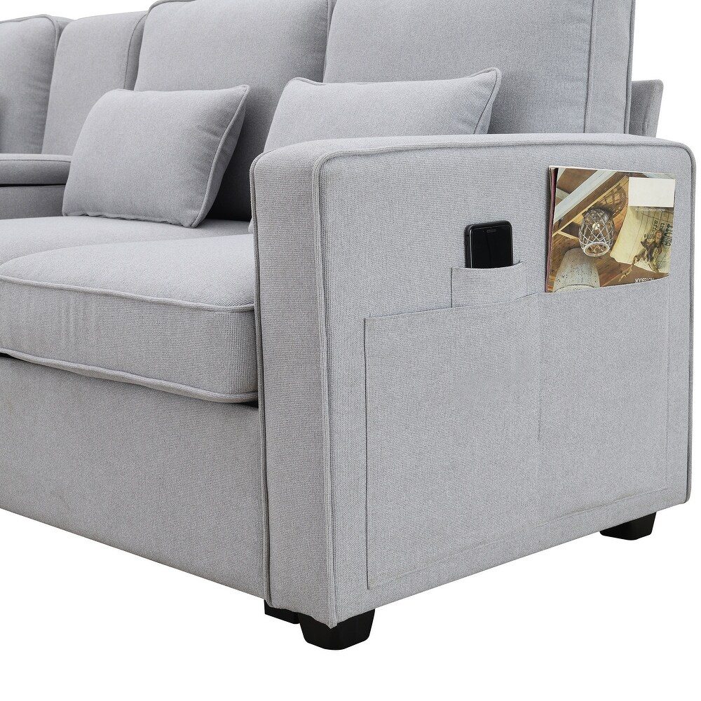 4 seat Linen Sofa Set Livingroom Couch w/ Pillows   USB Port   Pocket