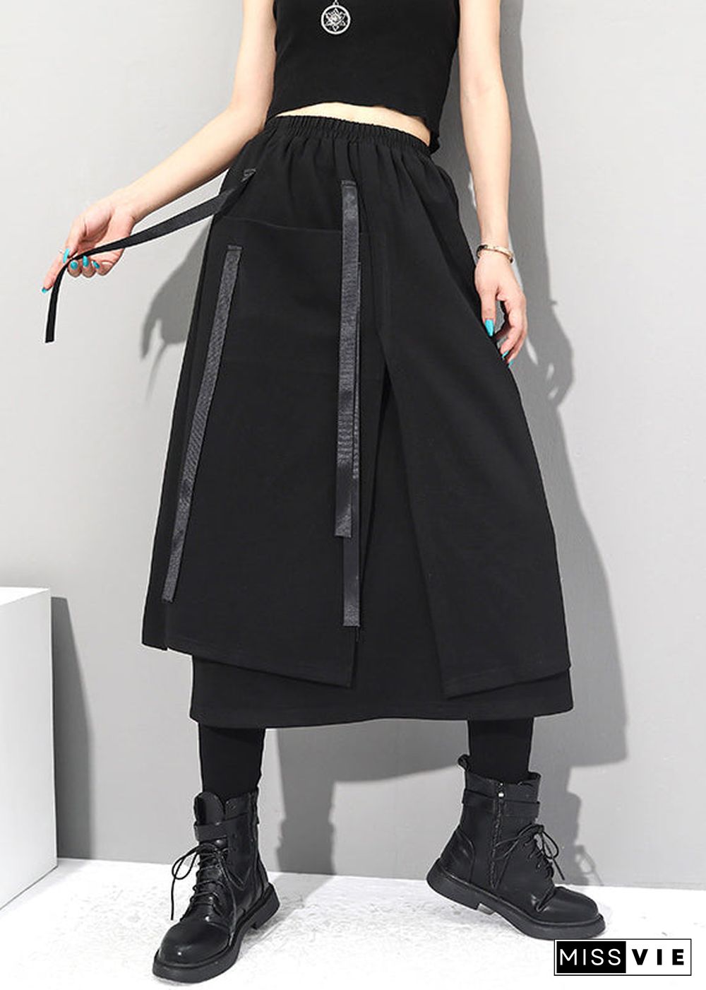 Women Black Asymmetrical Patchwork Pockets Elastic Waist Skirts Fall