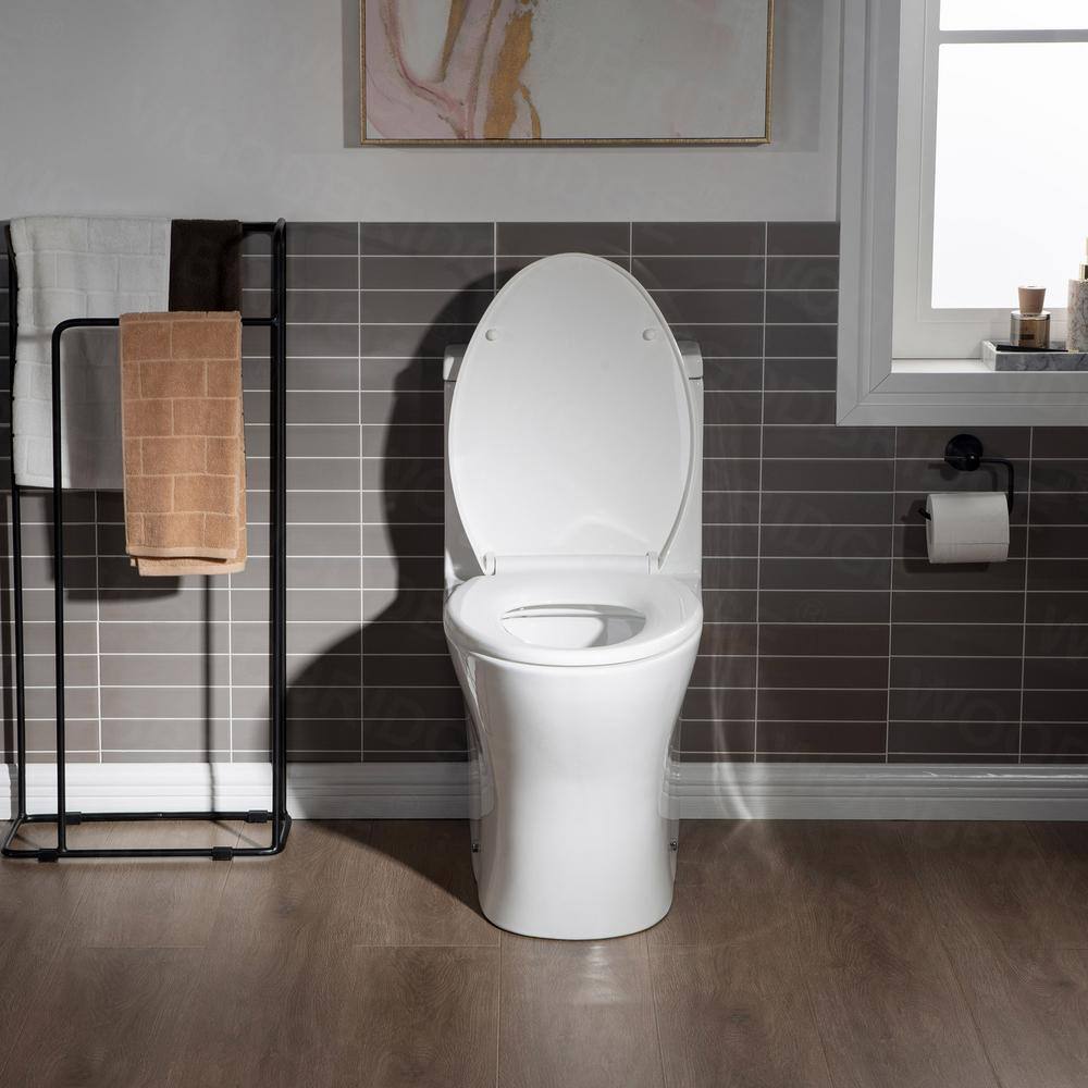 WOODBRIDGE Elite 1-Piece 1.28 GPF High Efficiency Dual Flush Elongated All-in One Toilet in White with Soft Closed Seat Included HB0750MB