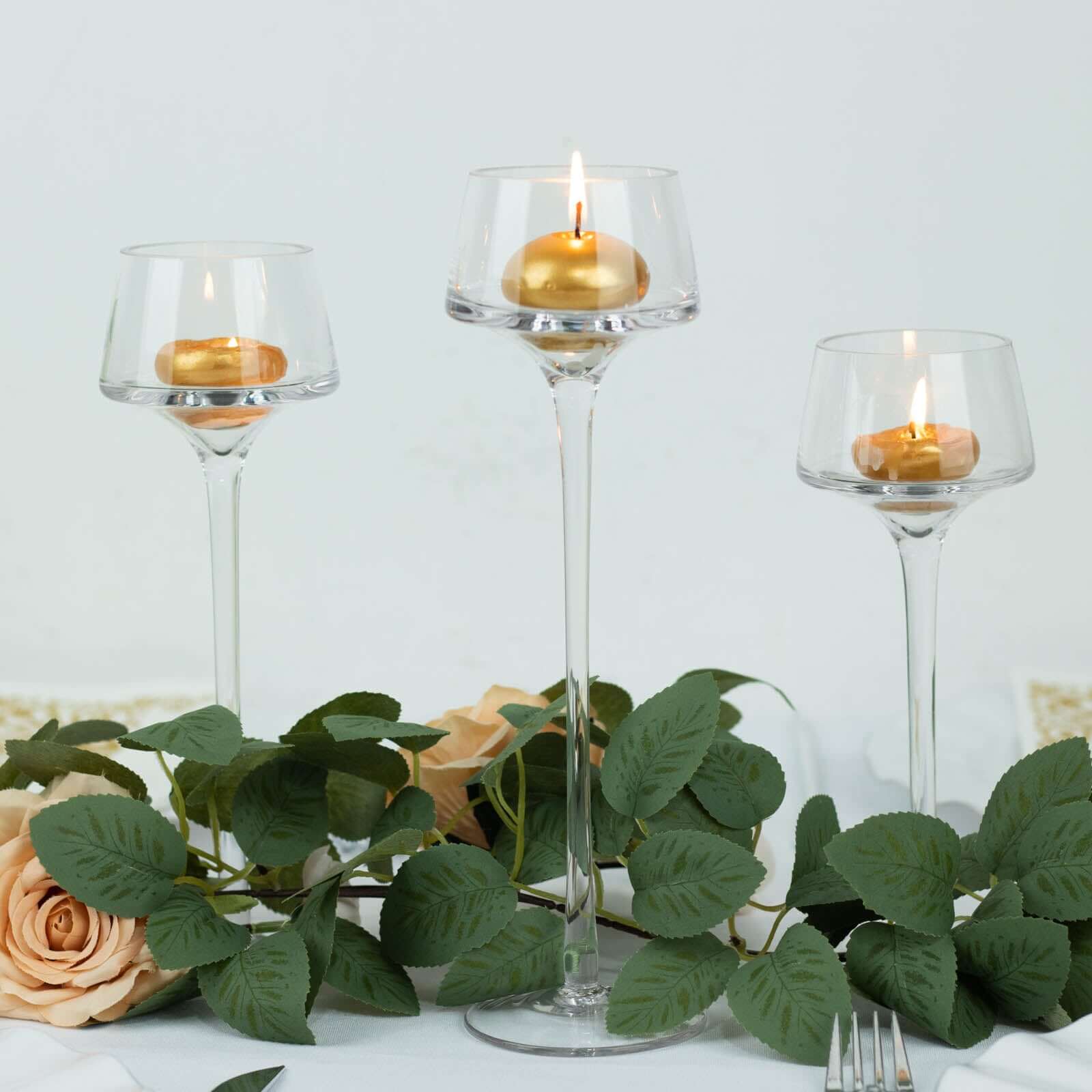 Set of 3 Long-Stem Clear Glass Pedestal Table Vase Centerpieces, Tall Tealight Disc Candle Holders 8