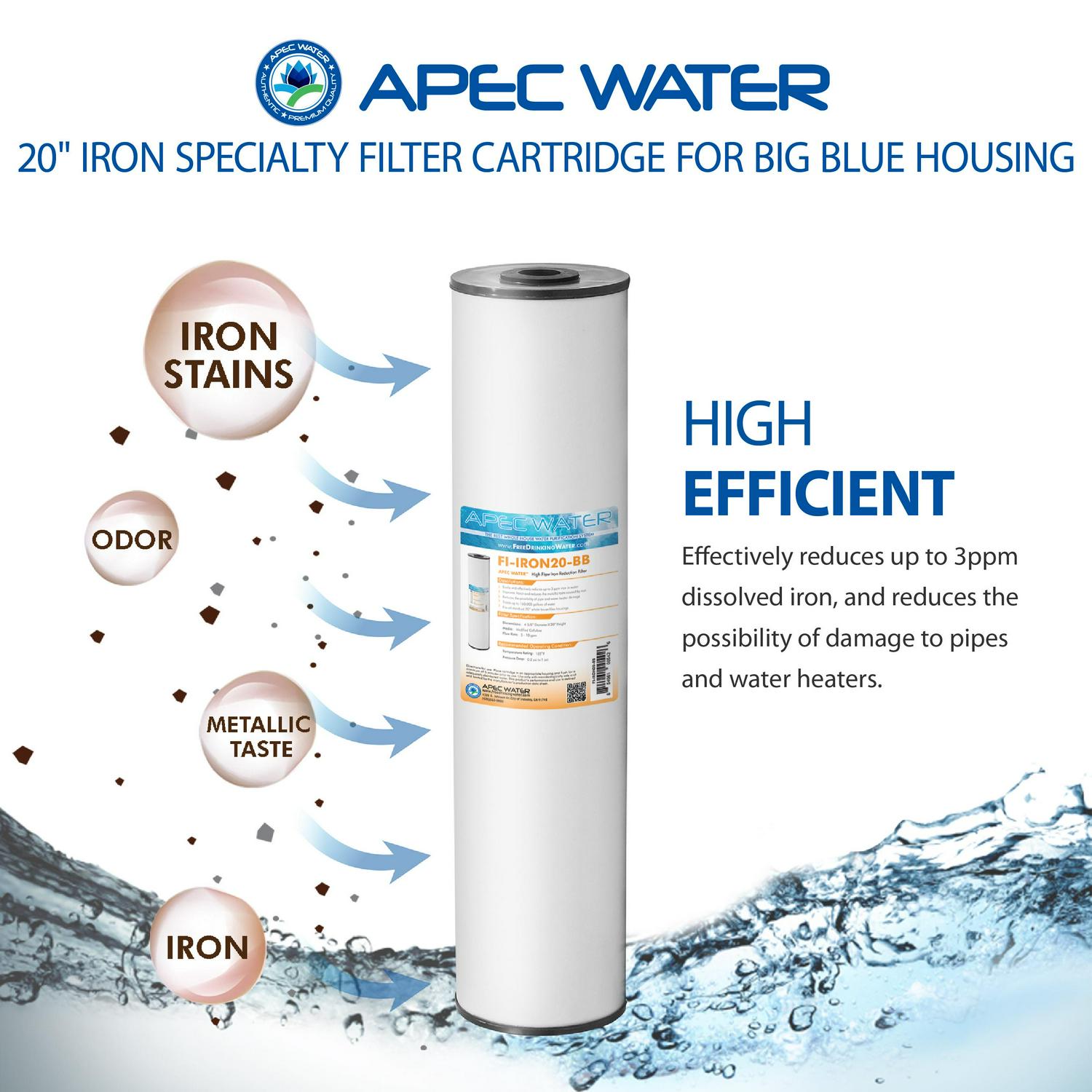 APEC 20 Whole House Big Blue Replacement Water Filter High Flow Iron Reduction (FI-IRON20-BB)