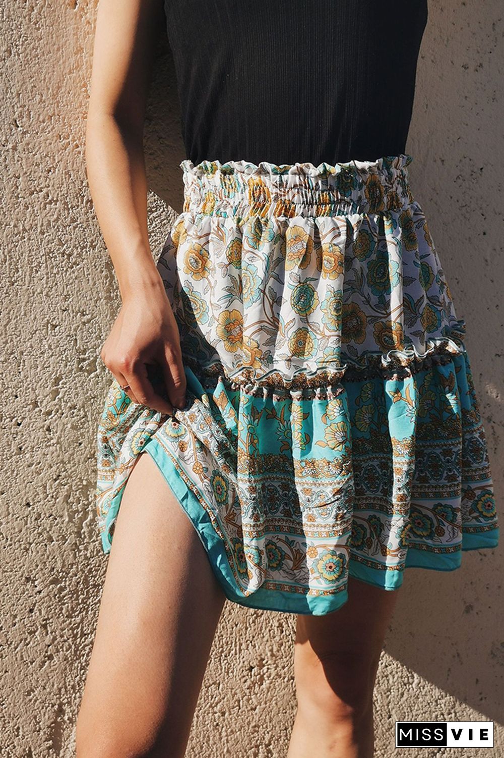 Printed Bohemian National Lotus Leaf Skirt