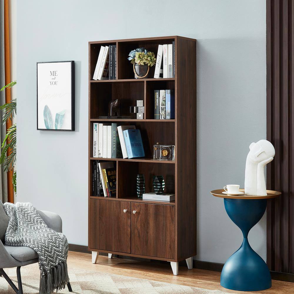 68 in. Walnut Standard Bookcase with 2-Door and Bookshelf SW-SJ-WA-10