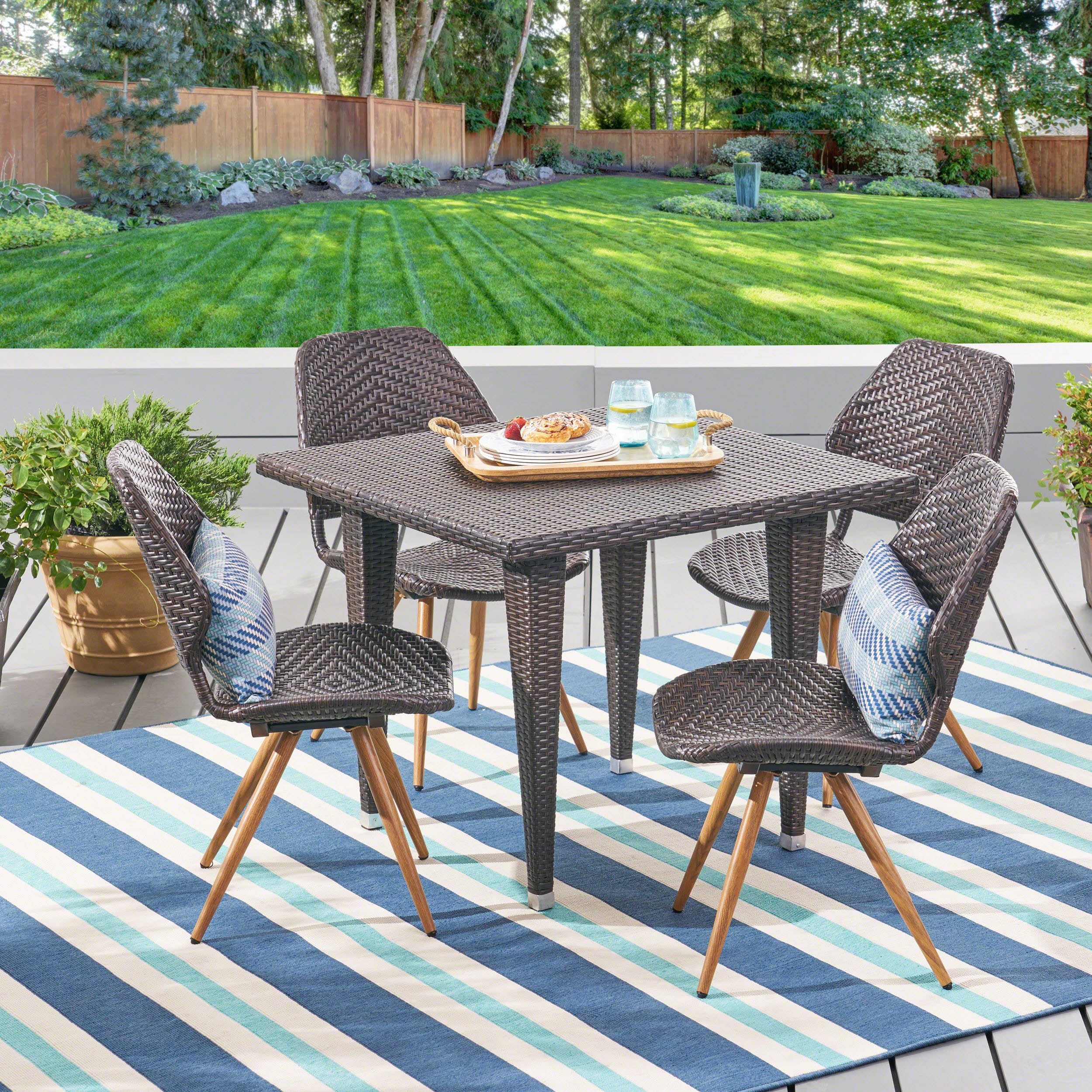 Aliza Outdoor 5 Piece Wicker Dining Set, Multibrown