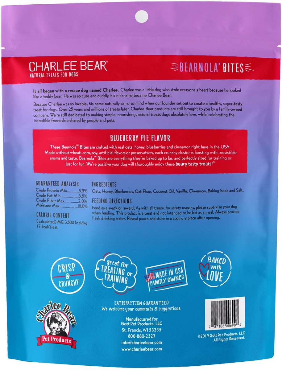 Charlee Bear Bearnola Bites Blueberry Pie Flavor Dog Treats， 8-oz bag