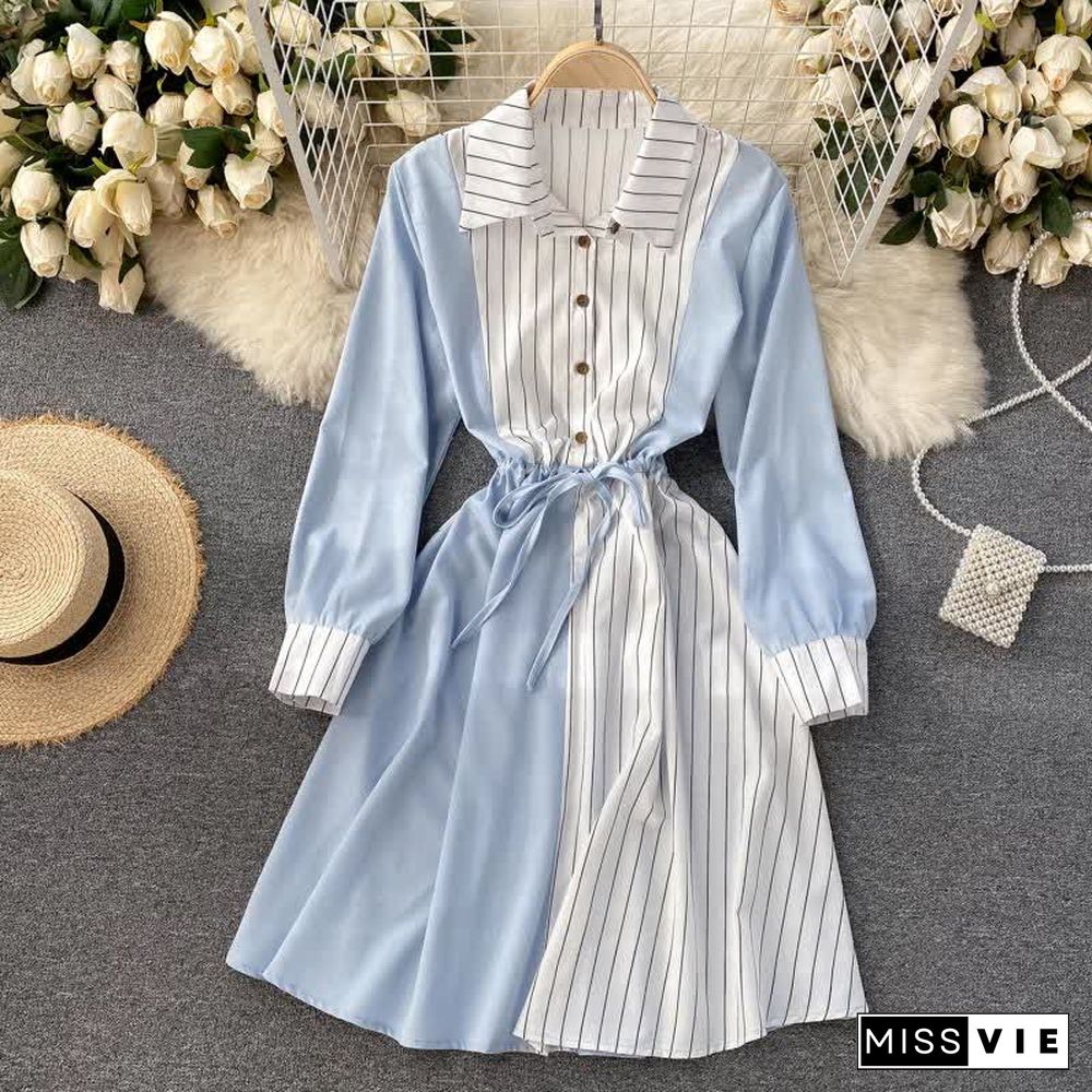 Colorblock Stripe Print Drawstring Long Sleeve Lapel Shirt Dress