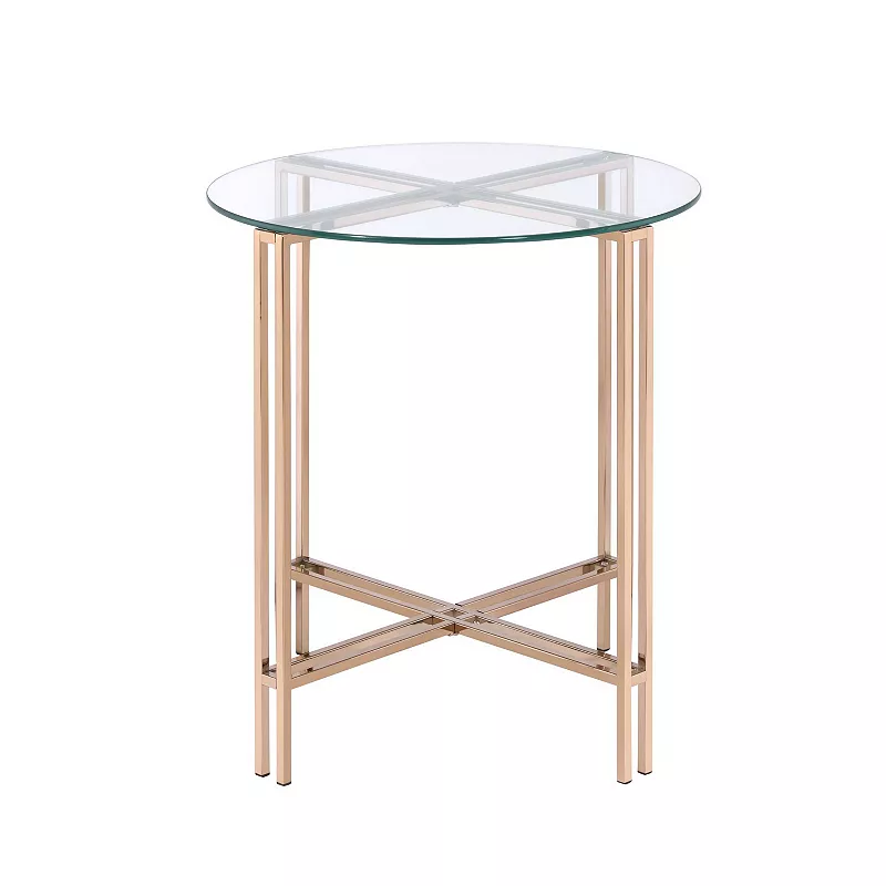 End Table with X Shaped Metal Base and Round Glass Top， Gold