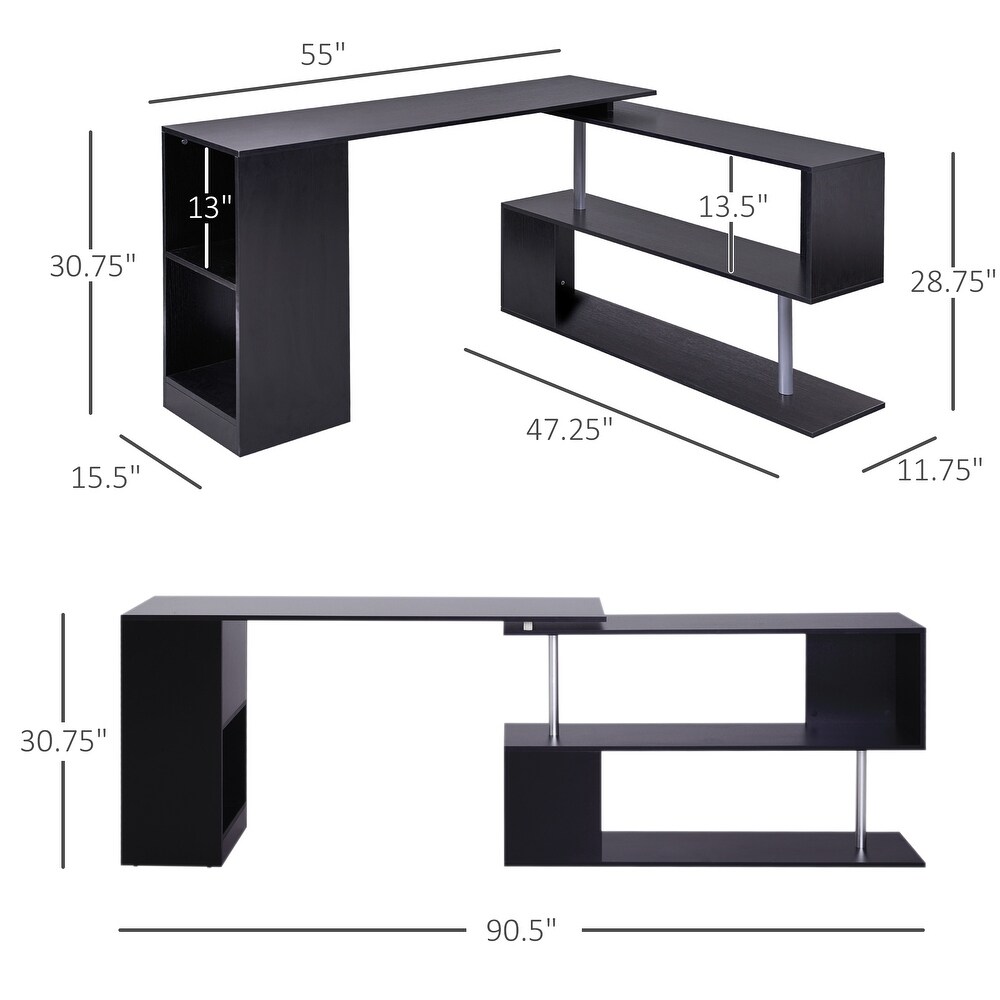 HomCom 55 in. 360 degree Rotating Corner Computer Desk w/ 3 tier Storage Shelves/Bookshelf