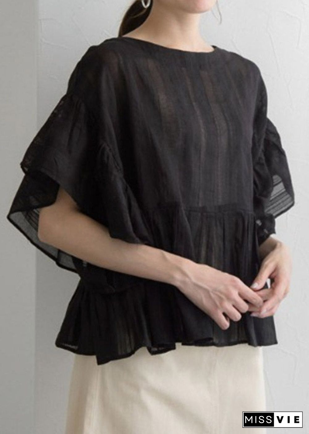 Black O-Neck Lantern Sleeve Shirt Lantern Sleeve