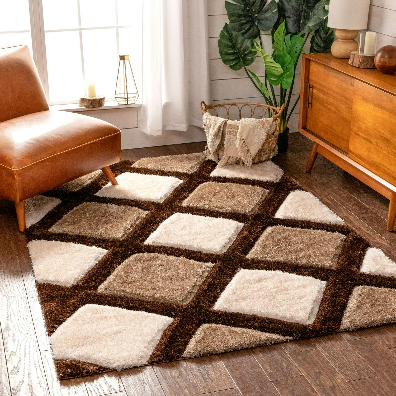 Well Woven San Francisco Posh Brown Modern Geometric Trellis 53 x 73 Shag 3D Textured Area Rug