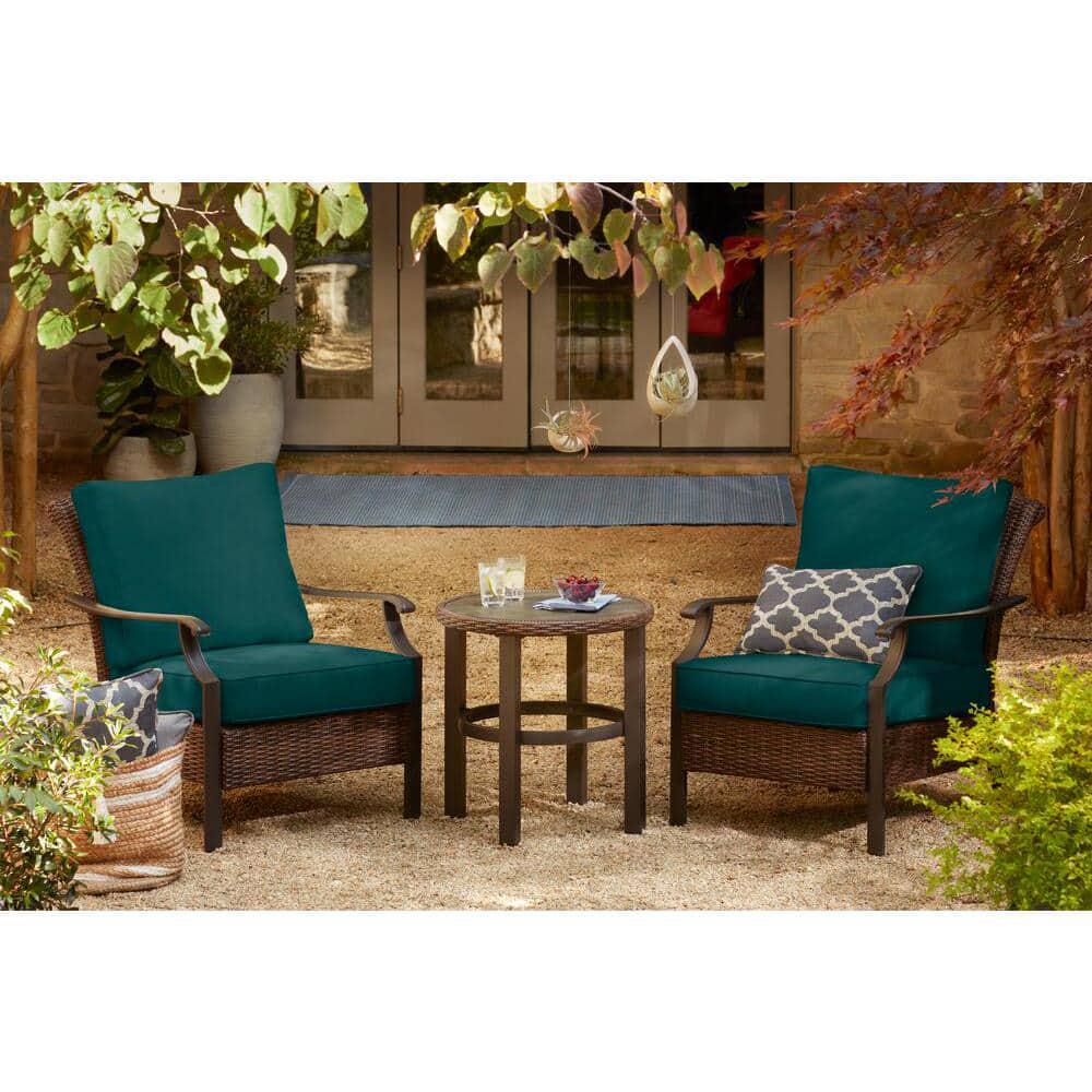 Hampton Bay Harper Creek 3Piece Brown Steel Outdoor Patio Chair Set with CushionGuard Malachite Green Cushions