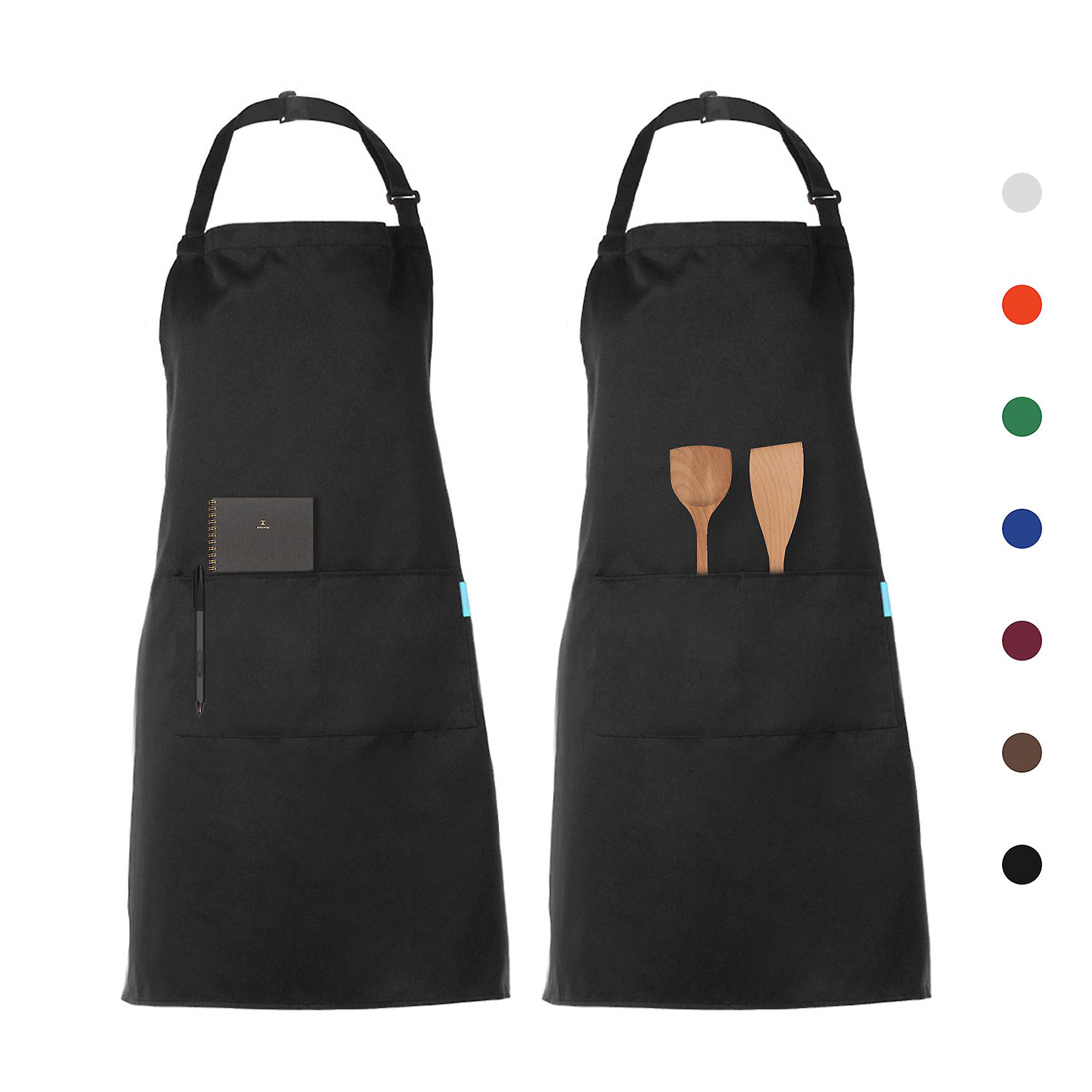 Black 2pcs/set Adults Polyester Kitchen Bbq Restaurant Apron With Adjustable Neck Belt 2 Pockets For Cooking Baking Gardening For Men Women--black