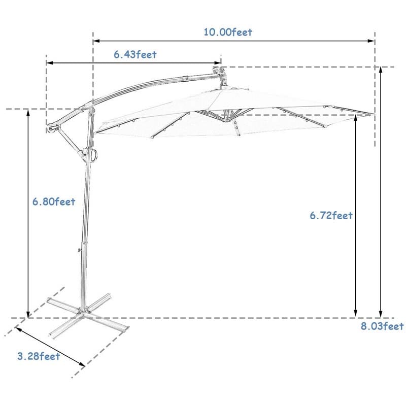 10 FT Patio Offset Umbrella with Solar Lights 360° Rotation Outdoor Market Umbrella with Crank Handle & Cross Base