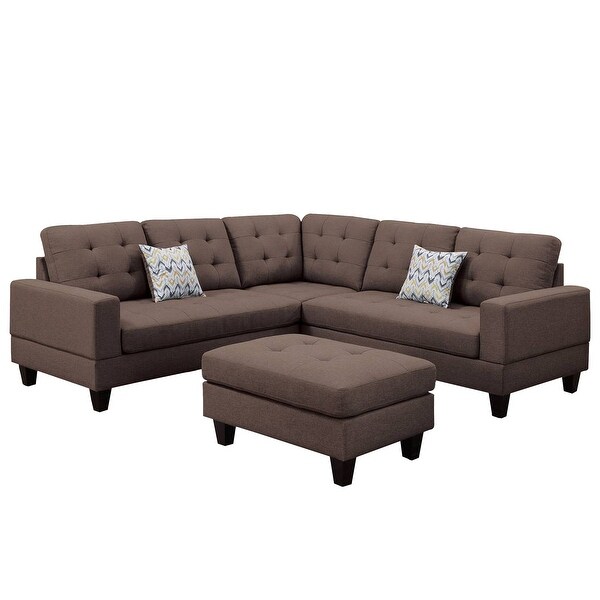 3 Piece Sectional Sofa with Ottoman and Tufted Details， Brown