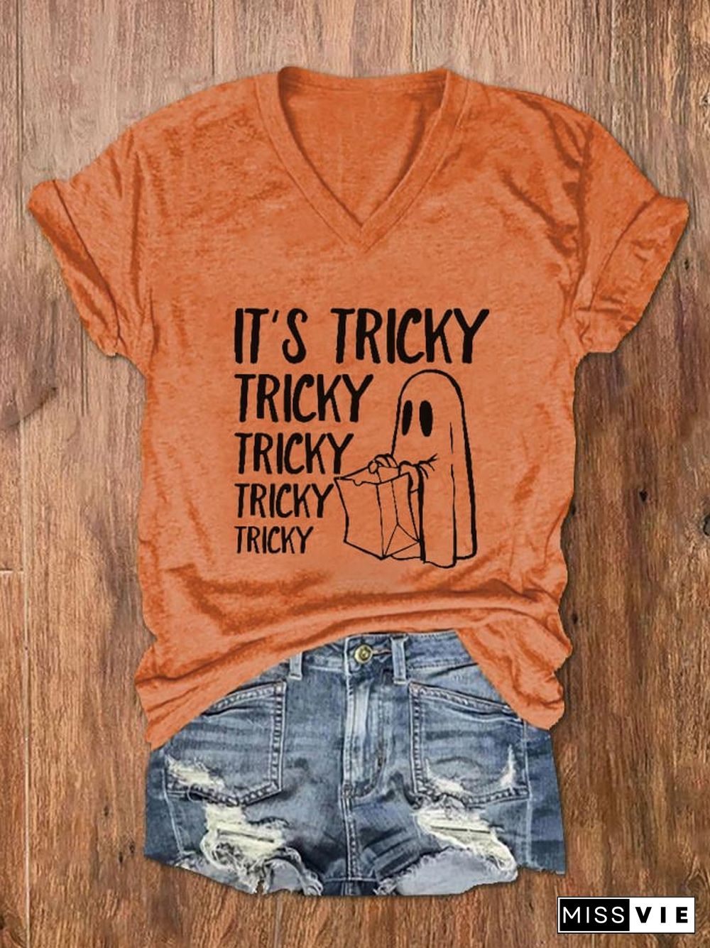 Women's It's Tricky Funny Halloween Print V-Neck T-Shirt