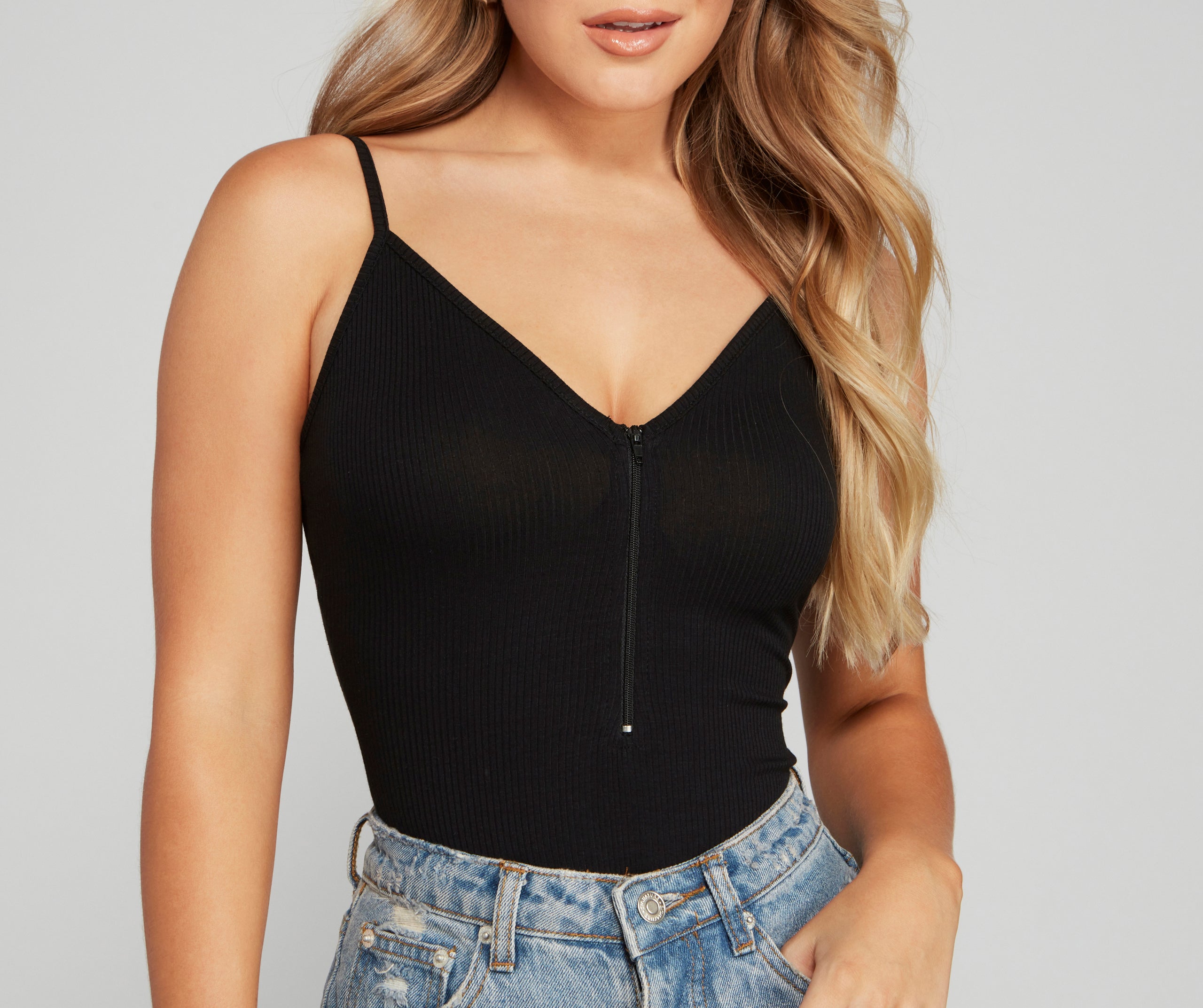 Basic Zip-Front Ribbed Knit Bodysuit