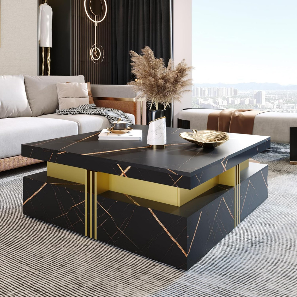 Modern Coffee Table  Square Wooden Top With Lower Storage Drawers  Black/Gold   Modern   Coffee Tables   by Decor Love  Houzz