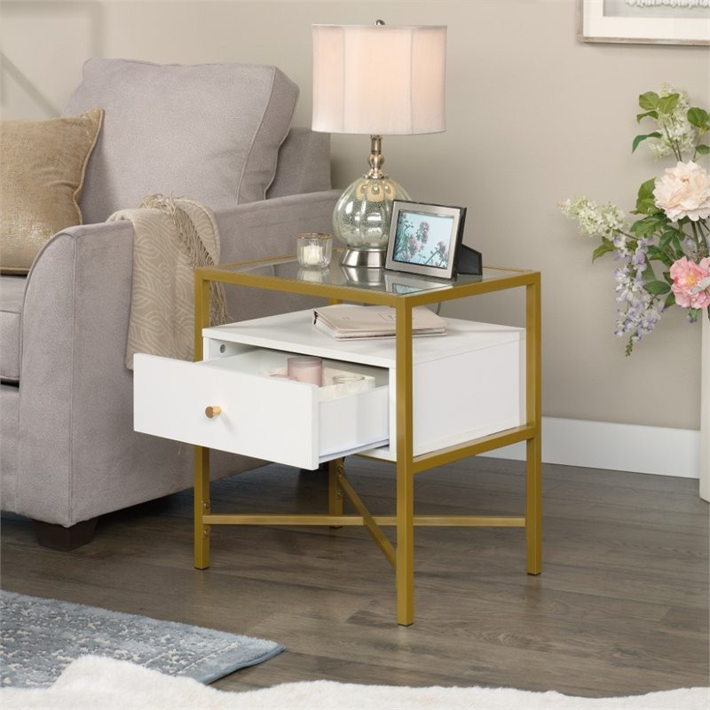 Sauder Harper Heights 1 Drawer Glass Top End Table in White and Gold   Contemporary   Side Tables And End Tables   by Homesquare  Houzz