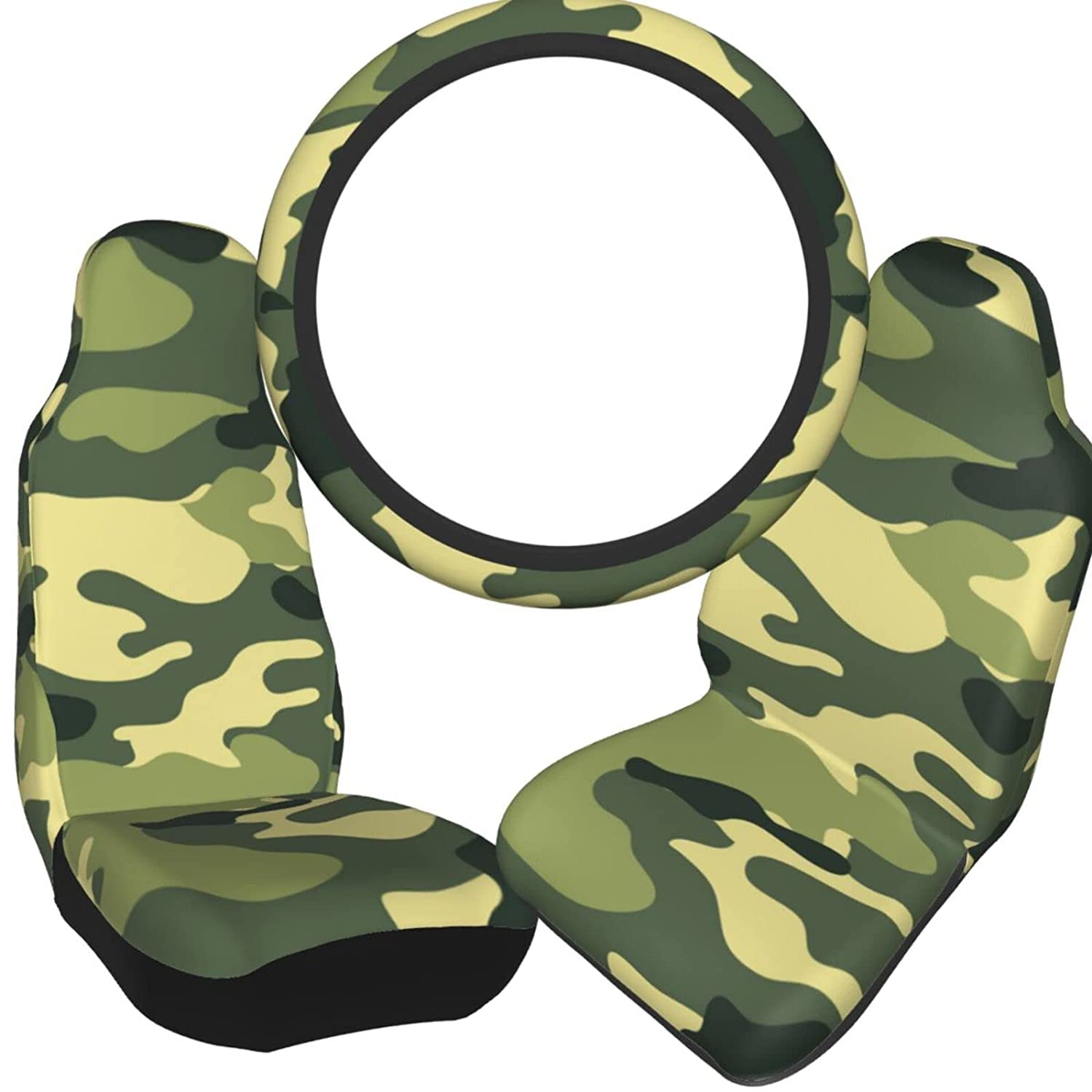 Camo Woodland Camoflage Seat Covers Steering and Wheel Cover Set for Cars Front Seat Covers Universal Bucket Seat Cover Automotive Seat Protector Fit Most Cars Sedan SUV Truck