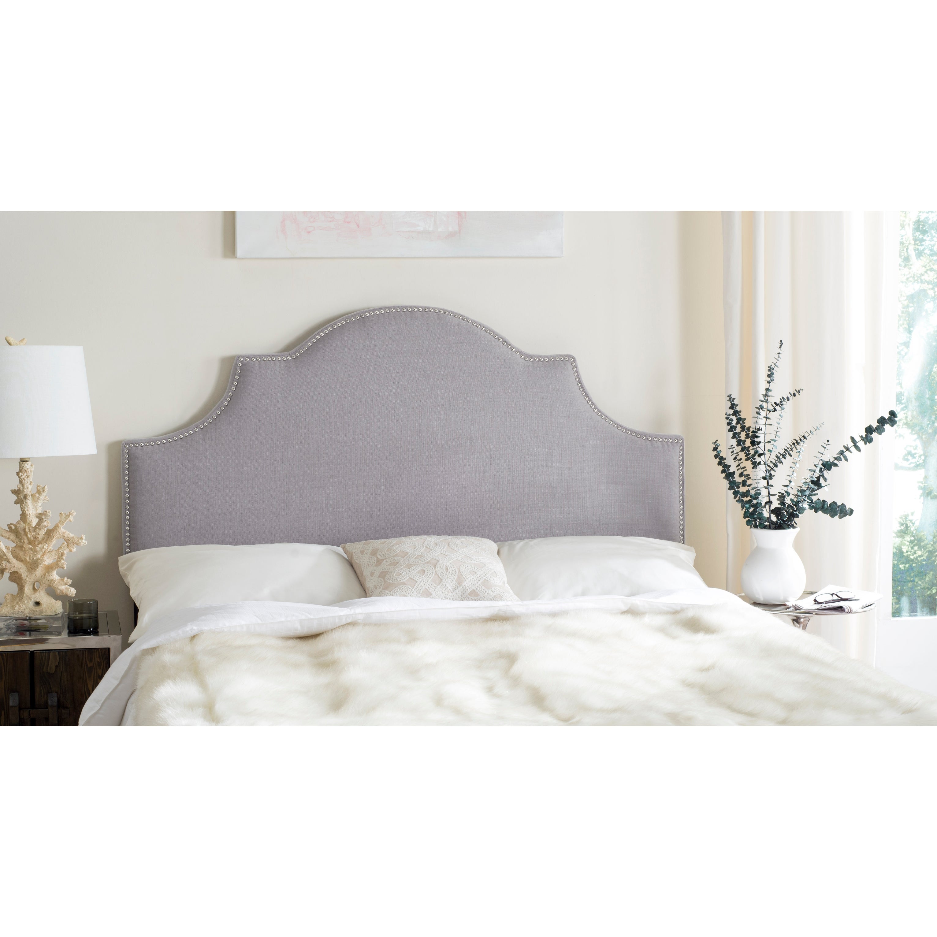 SAFAVIEH Hallmar Arctic Grey Upholstered Arched Headboard - Silver Nailhead (Queen) - - 8306978