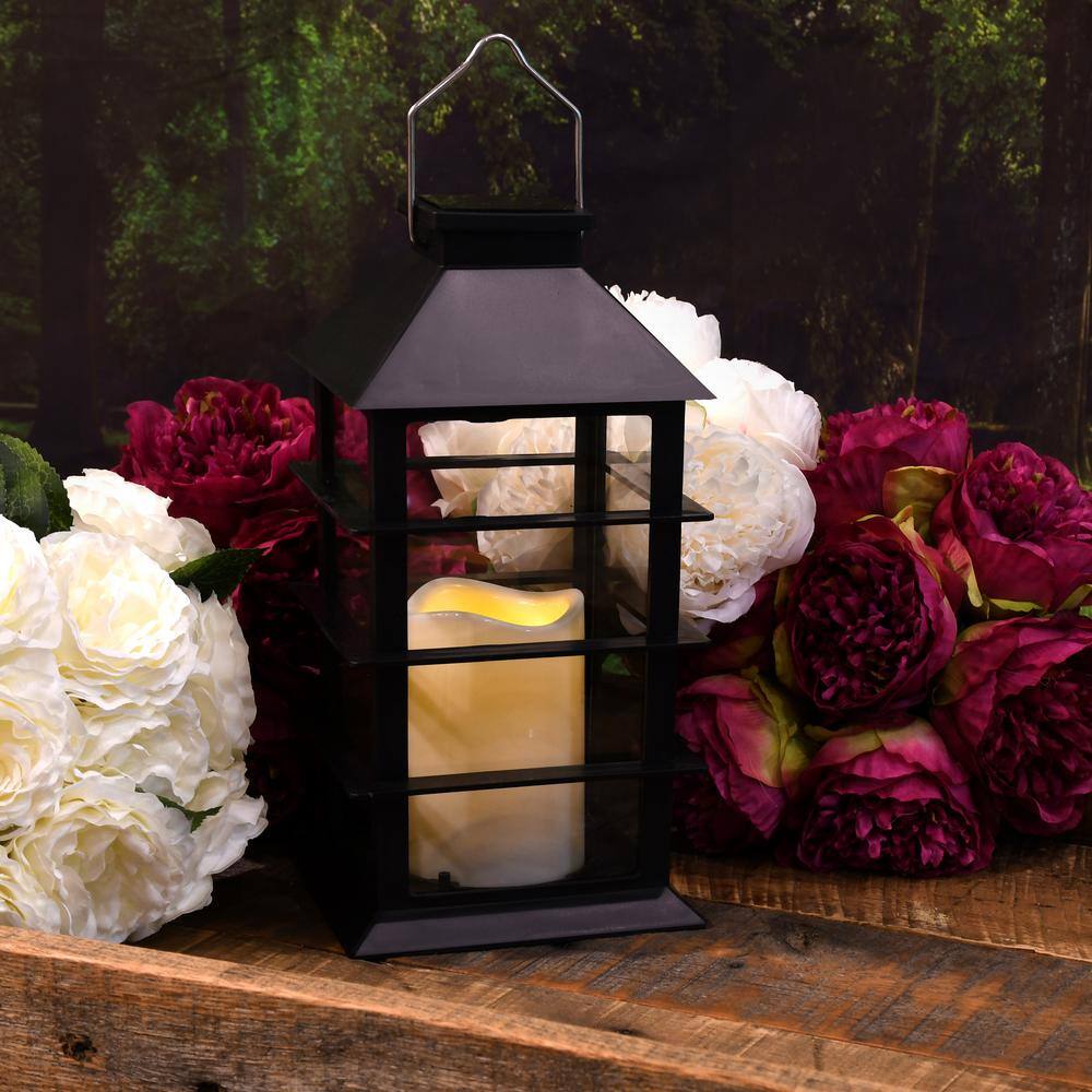 LUMABASE Horizontal Black Solar Powered Lantern with LED Candle 62301