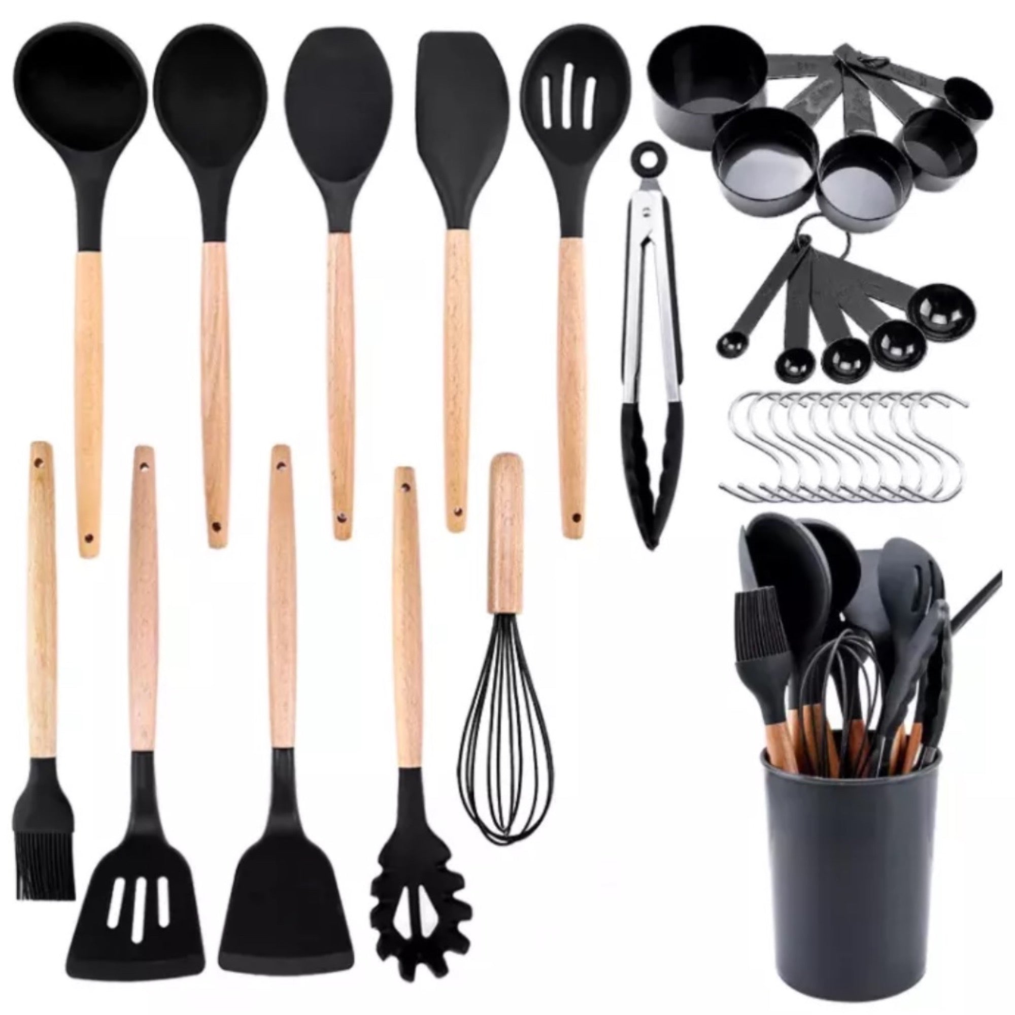 Bamboo Wooden Handles Silicone Kitchen Cooking Utensils Tools 32 piece set