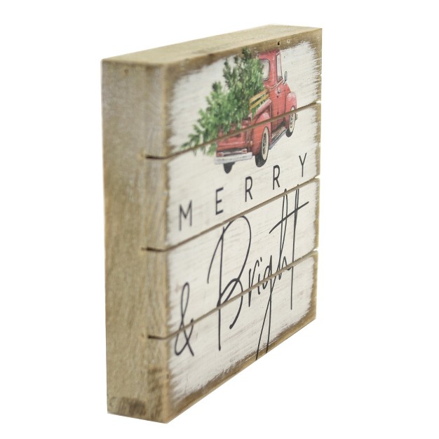 Christmas Merry amp Bright Block Sign One Plaque 5 75 Inches Red Truck Tree Farmhouse Chic Pet1969 Wood Multicolored