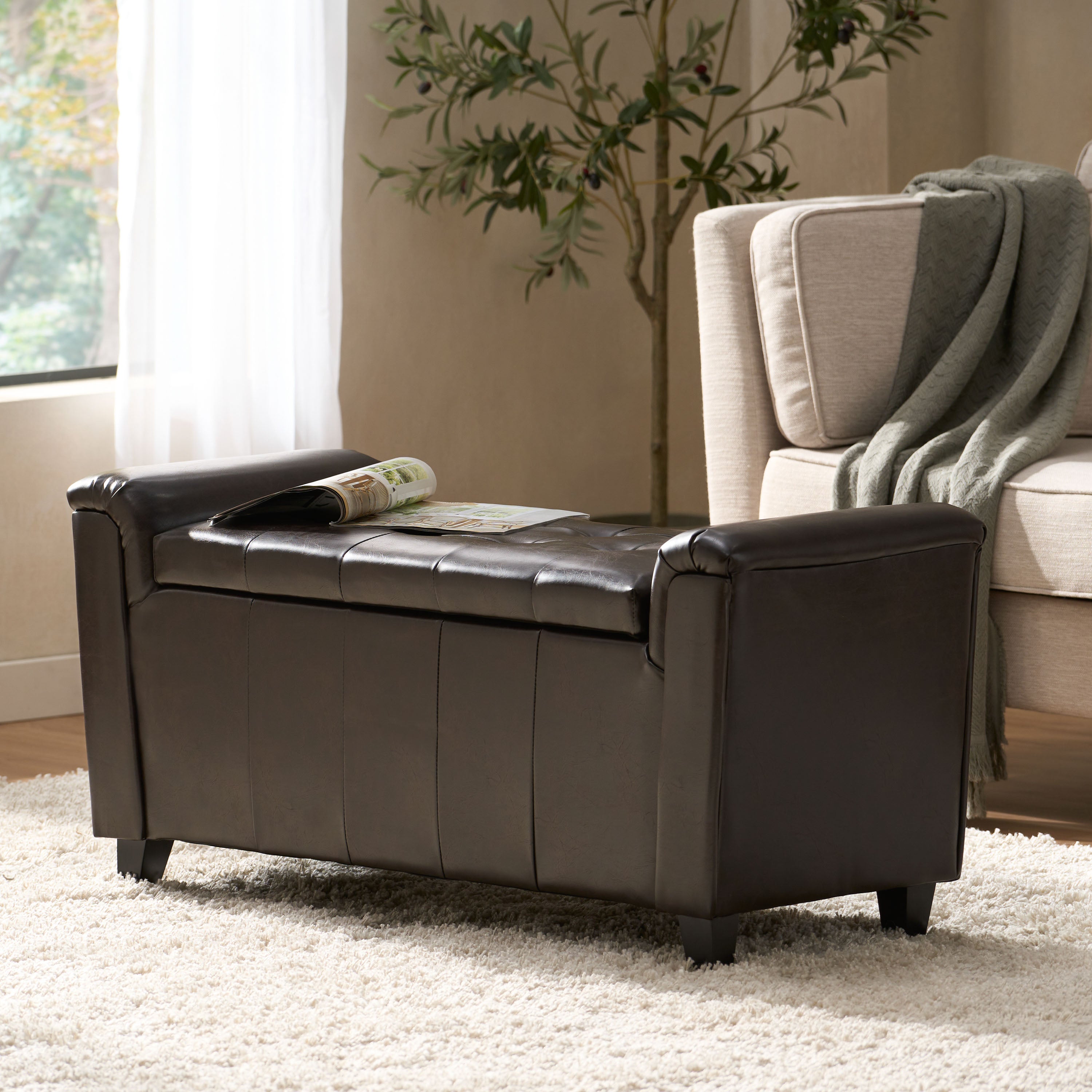 James Brown Tufted Leather Armed Storage Ottoman Bench