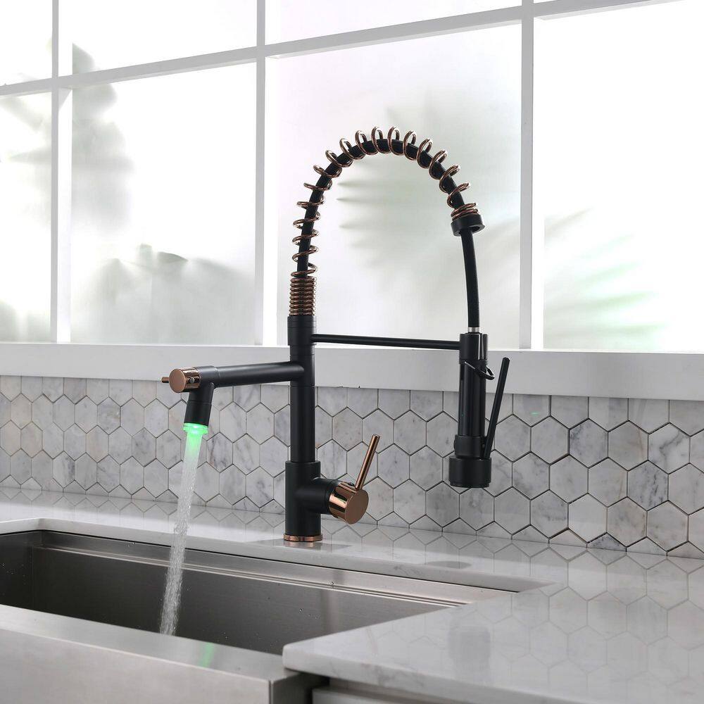 Boyel Living 1.8 GPM Single Handle Pull Down Sprayer Kitchen Faucet with LED Light and Pot Filler in Matte Black Mix Rose Gold BL-2BR91-LED