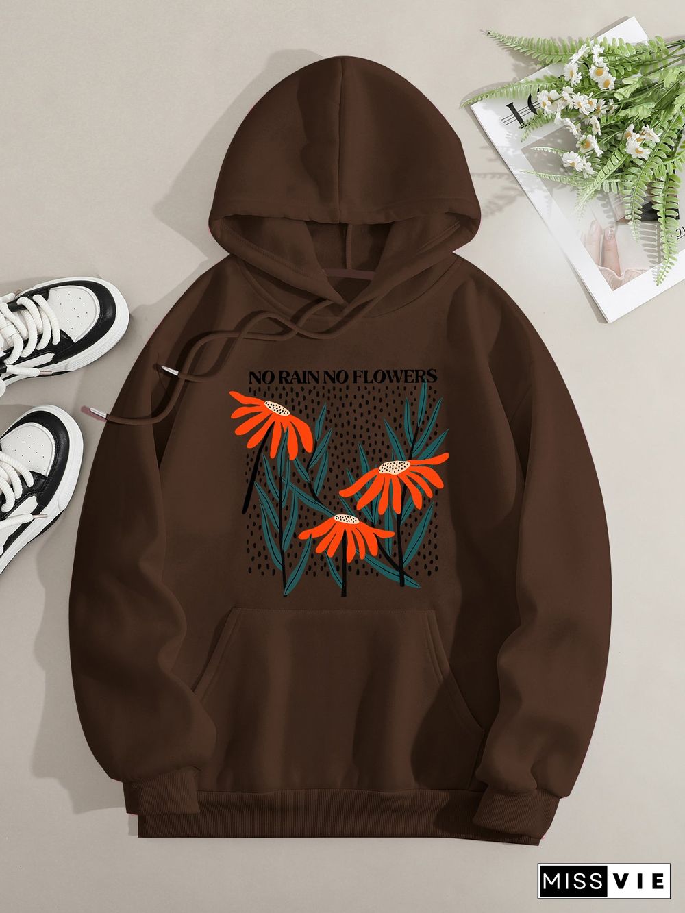 Printed on front Kangaroo Pocket Hoodie Long Sleeve for Women Pattern Flowers