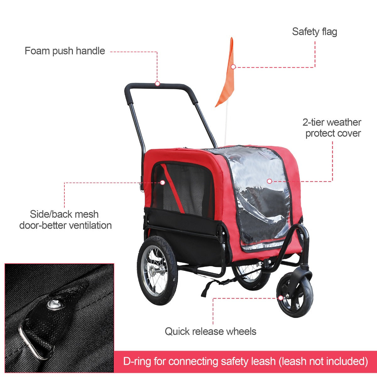 Carevas -Jr Dog Pet Bike Trailer / Stroller with Swivel Wheel - Red / Black