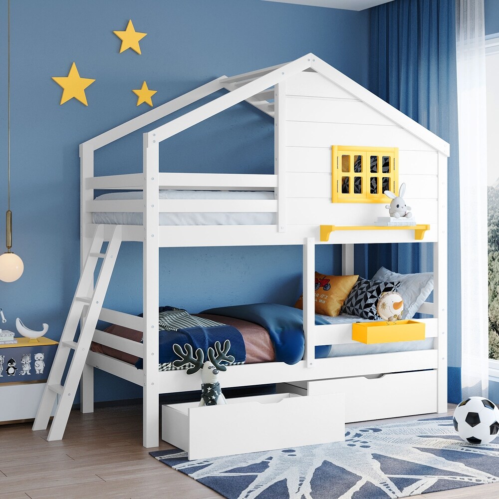 Contemporary Unique Design Twin over Twin Bunk Bed with 2 Drawers  1 Storage Box  1 Shelf and Quality Structure for Bedroom