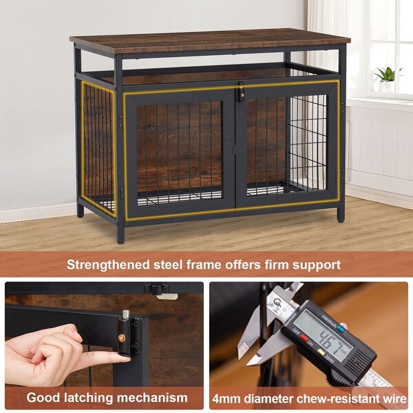 Dog Crate Furniture with Double Doors， Wooden Dog Crate， Indoor Dog Kennel w/ Metal Wire Mesh， Pet Crate End Table