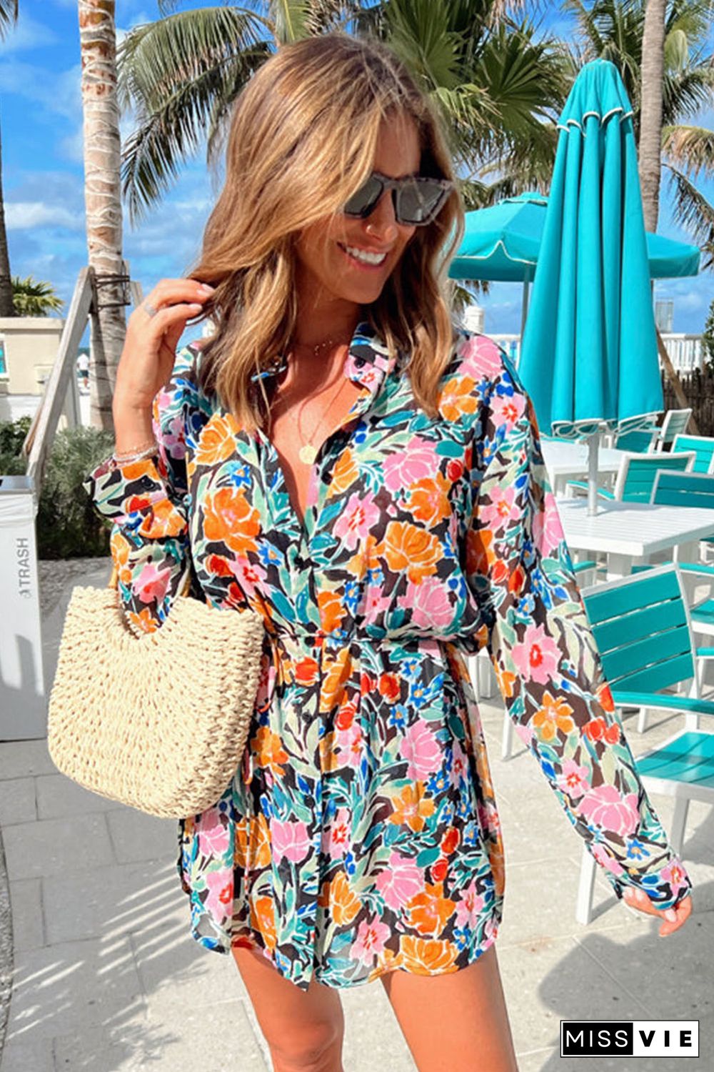 Multicolor Floral Buttoned Collared Long Sleeve Mini Dress