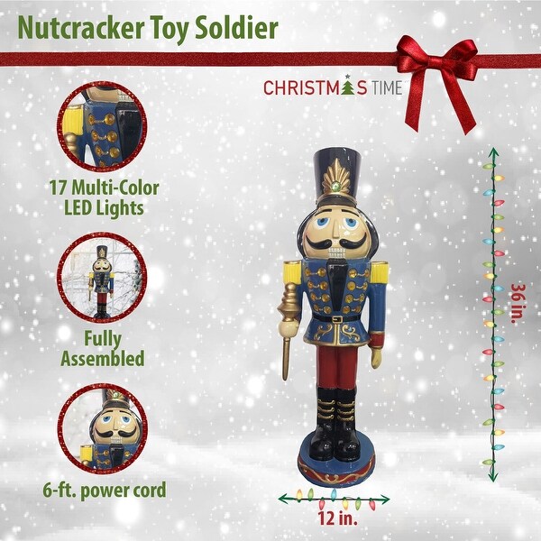 Christmas Time 3Ft. Nutcracker Toy Soldier Holding a Staff，Resin Figurine w/ LED Lights，Christmas Decor，Blue