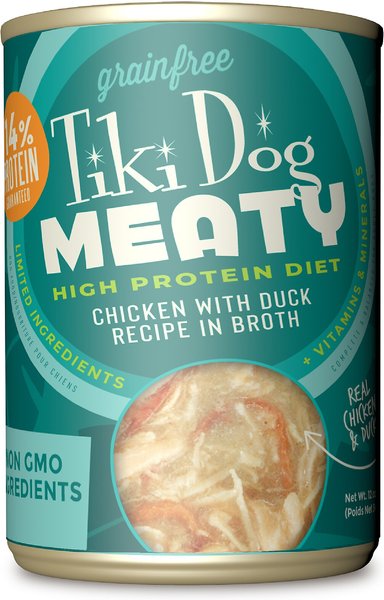 Tiki Dog Meaty Whole Foods Grain-Free Chicken and Duck Chunks in Gravy Canned Dog Food， 12-oz， case of 8