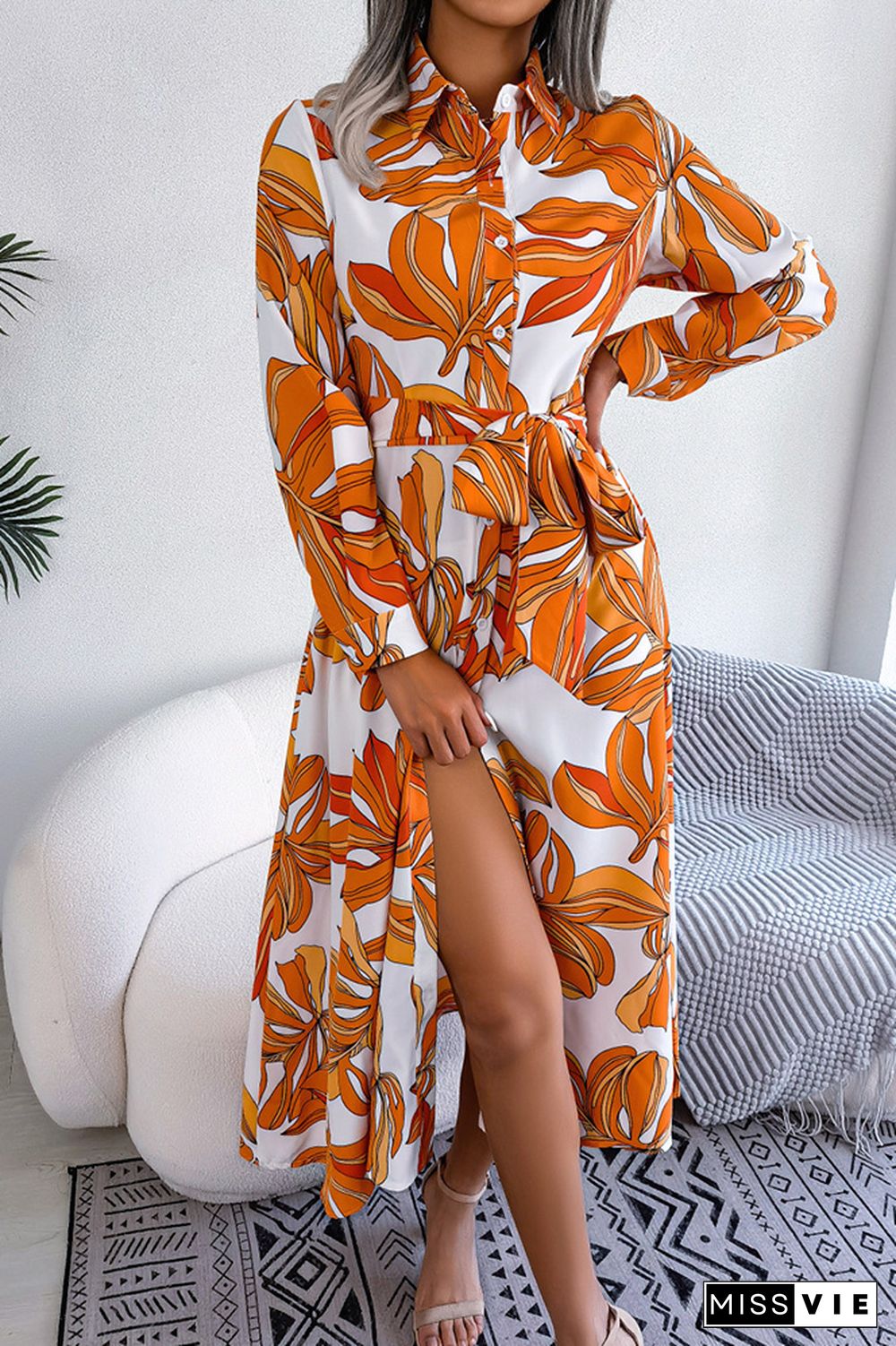 Contrast Print Button UP Split Shirt Dress