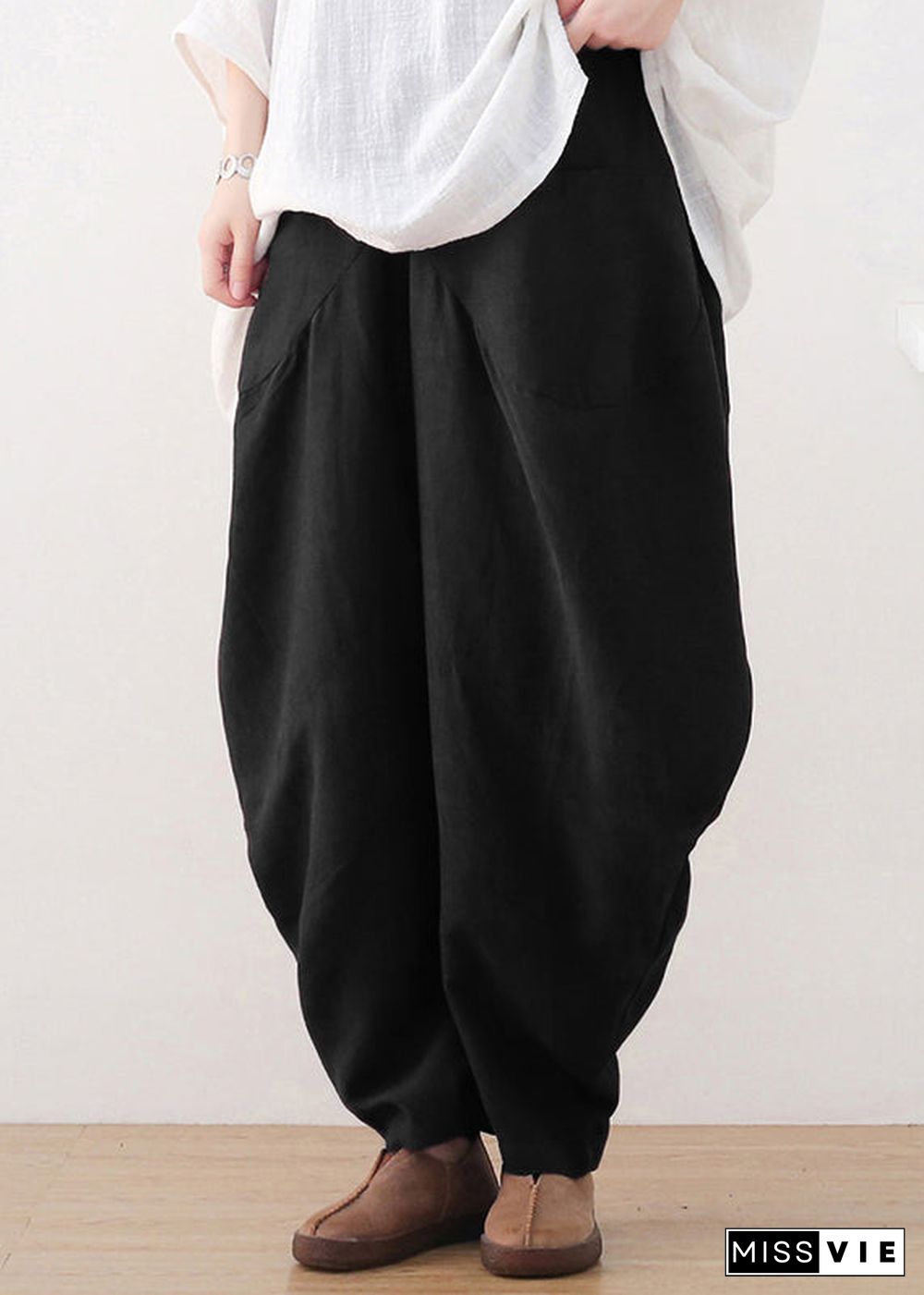 Black Elastic Waist Pockets Wide Leg Pants Fall