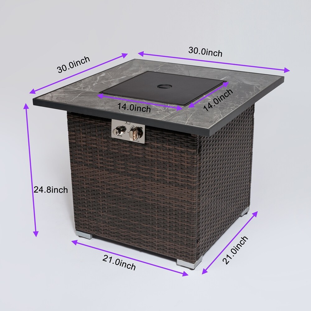 30 inch Outdoor Square Wicker Propane Fire Pit Table for Deck Garden Backyard