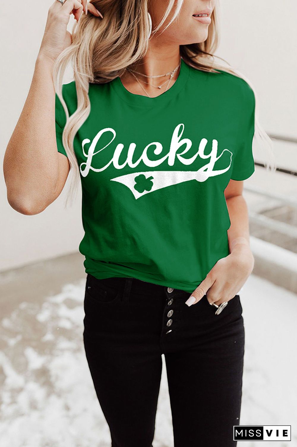 Lucky Print Graphic Tees for Women Wholesale Short Sleeve T shirts Top