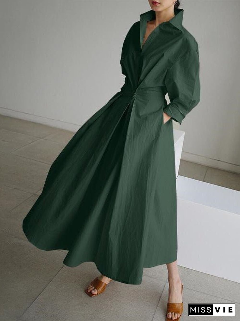 Women'S Dresses Lapel Elastic Waist Shirt Long Sleeve Dress