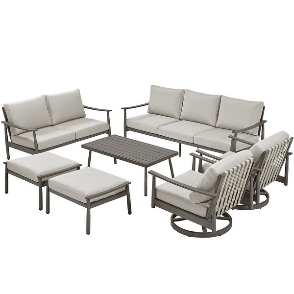 7Piece Aluminum Patio Conversation Set，3Seat Outdoor Couch and Loveseat with 2 Swivel Armchairs， Ottomans and Coffee Table