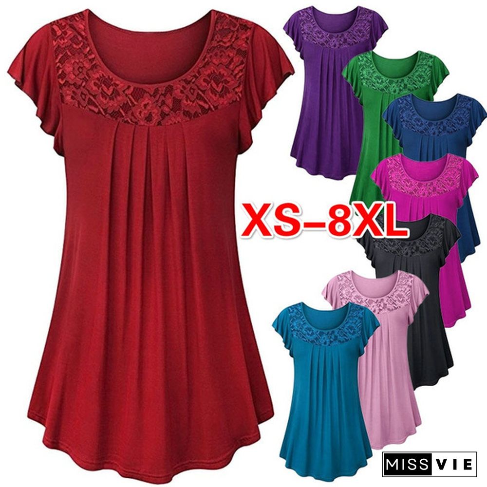 XS-8XL Plus Size Fashion Summer Clothes Womens Tops Loose Lace Stitching Pleated Blouses Ladies Casual Solid Color Short Sleeve Plus Size Cotton T-shirts