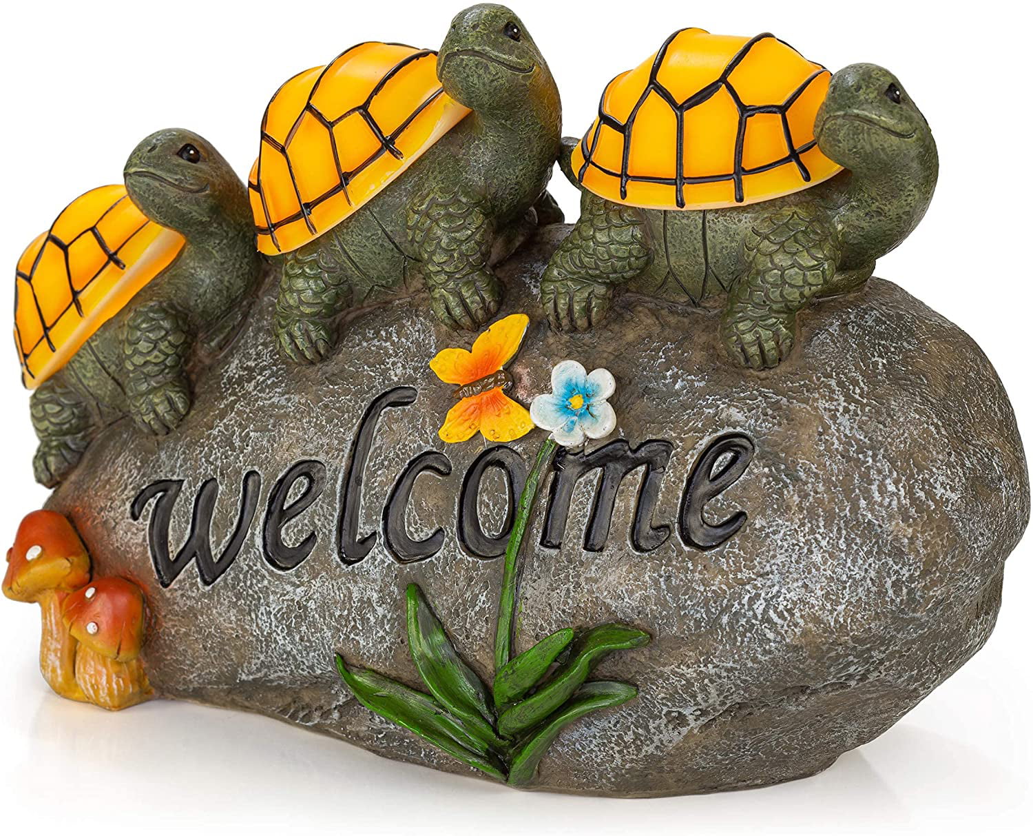 Dawhud Direct Welcome Turtles On A Rock， Solar Powered LED Outdoor Decor， Garden Light